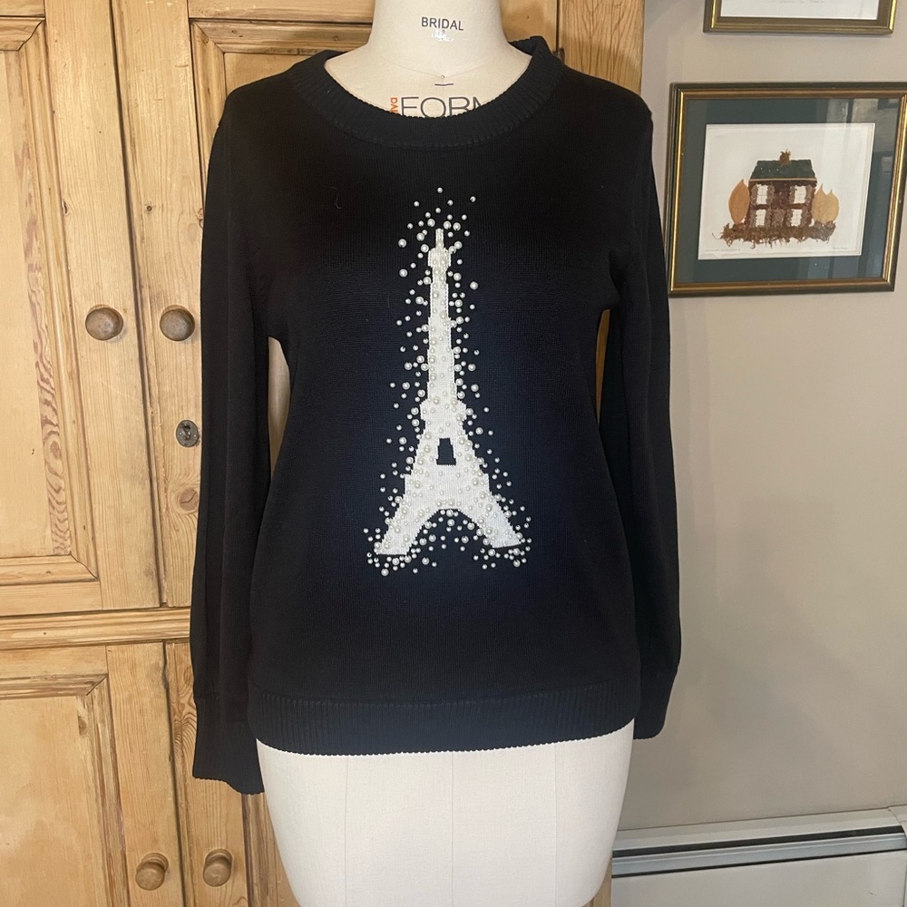 Karl Lagerfeld Black Eiffel Tower Sweater with pearl accents